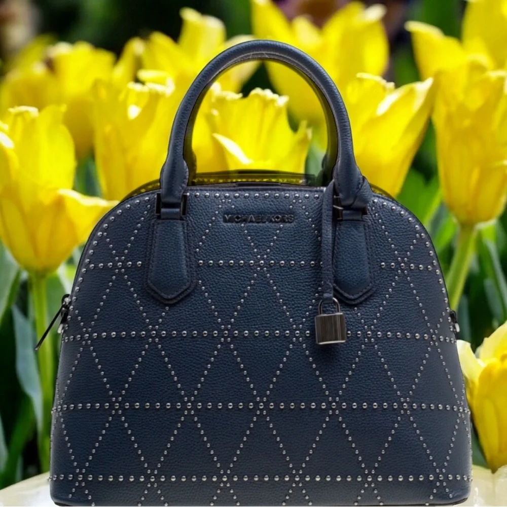 Michael Kors Navy Blue Adele Studded Women's Shoulder‎ Bag with Lock Charm - Picture 2 of 15